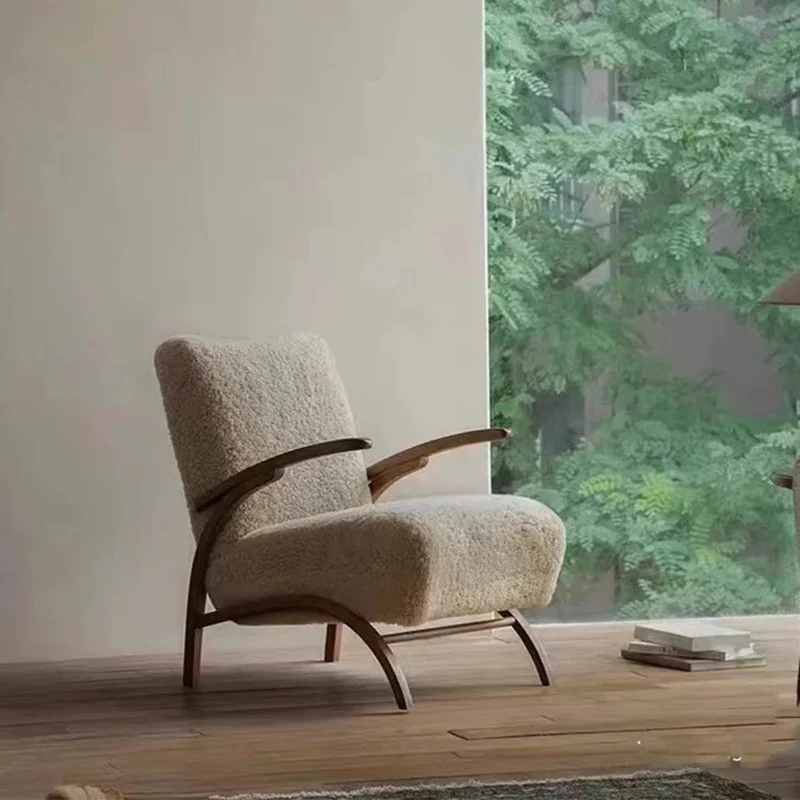 Traditional French Chenille Sherpa Fabric Solid Wood Curved Square Accent Chair With Backrest Armrests For Living Room