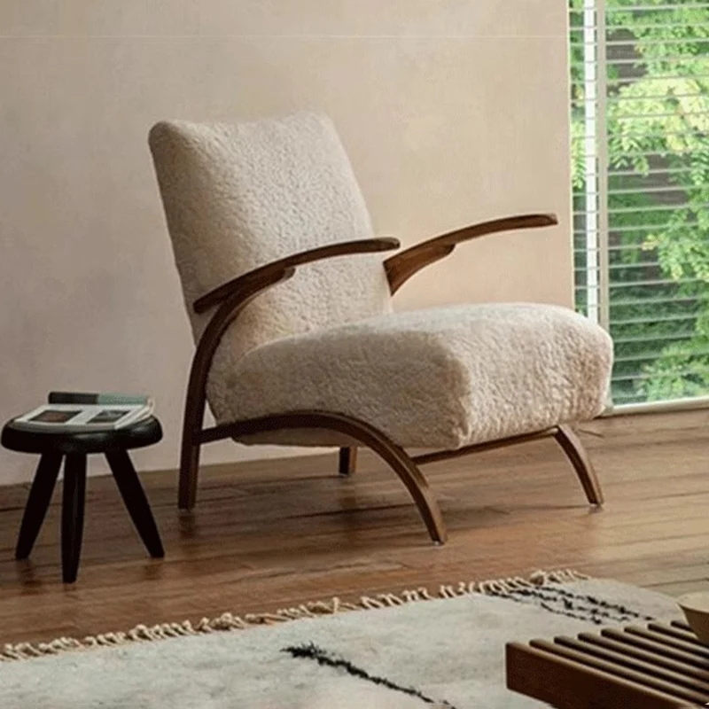 Traditional French Chenille Sherpa Fabric Solid Wood Curved Square Accent Chair With Backrest Armrests For Living Room