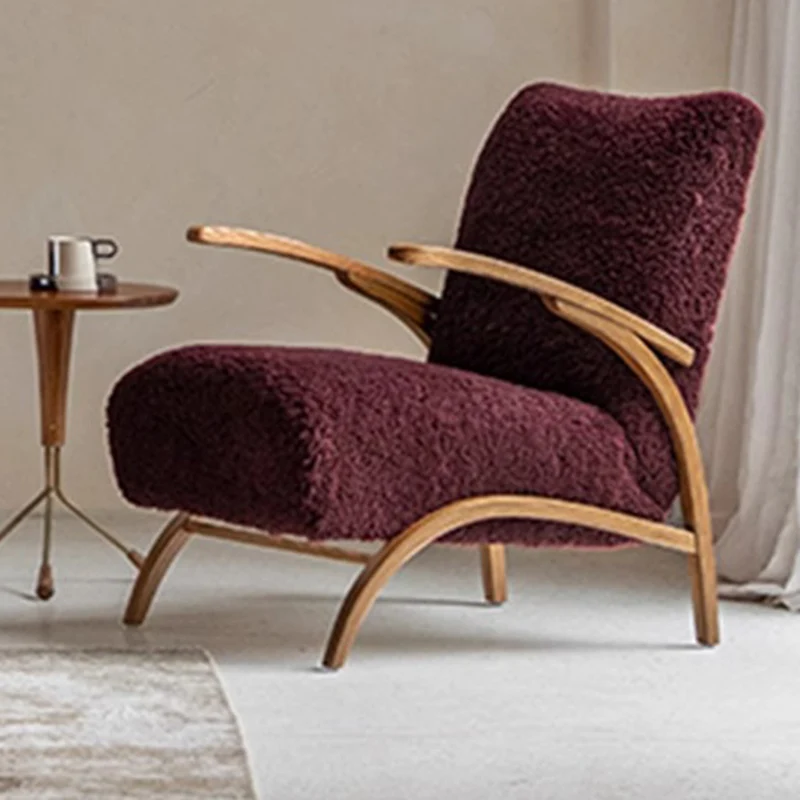 Traditional French Chenille Sherpa Fabric Solid Wood Curved Square Accent Chair With Backrest Armrests For Living Room