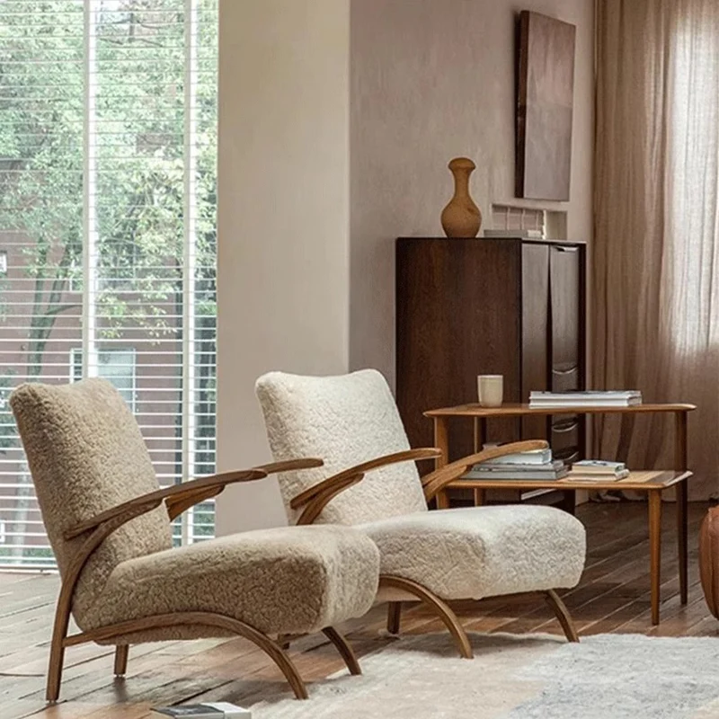 Traditional French Chenille Sherpa Fabric Solid Wood Curved Square Accent Chair With Backrest Armrests For Living Room