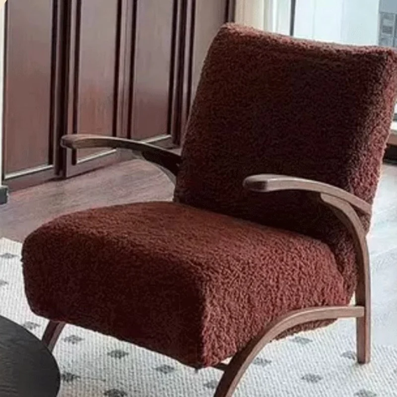 Traditional French Chenille Sherpa Fabric Solid Wood Curved Square Accent Chair With Backrest Armrests For Living Room