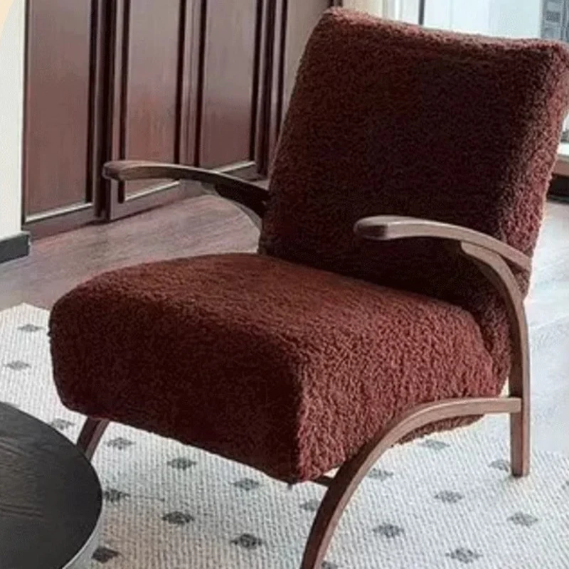 Traditional French Chenille Sherpa Fabric Solid Wood Curved Square Accent Chair With Backrest Armrests For Living Room