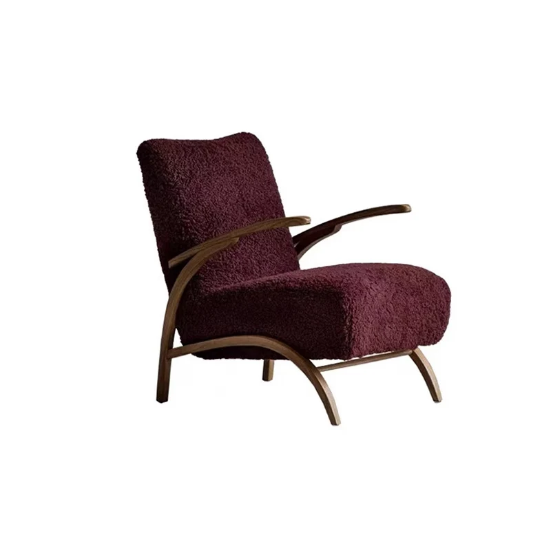 Traditional French Chenille Sherpa Fabric Solid Wood Curved Square Accent Chair With Backrest Armrests For Living Room