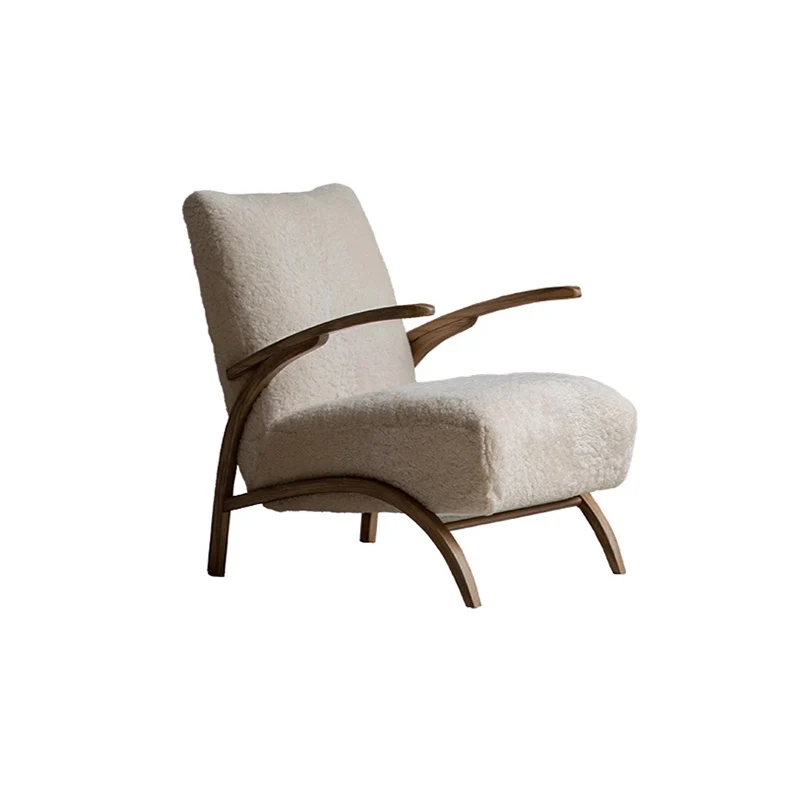 Traditional French Chenille Sherpa Fabric Solid Wood Curved Square Accent Chair With Backrest Armrests For Living Room