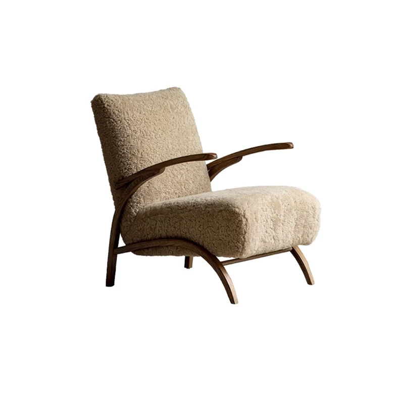 Traditional French Chenille Sherpa Fabric Solid Wood Curved Square Accent Chair With Backrest Armrests For Living Room