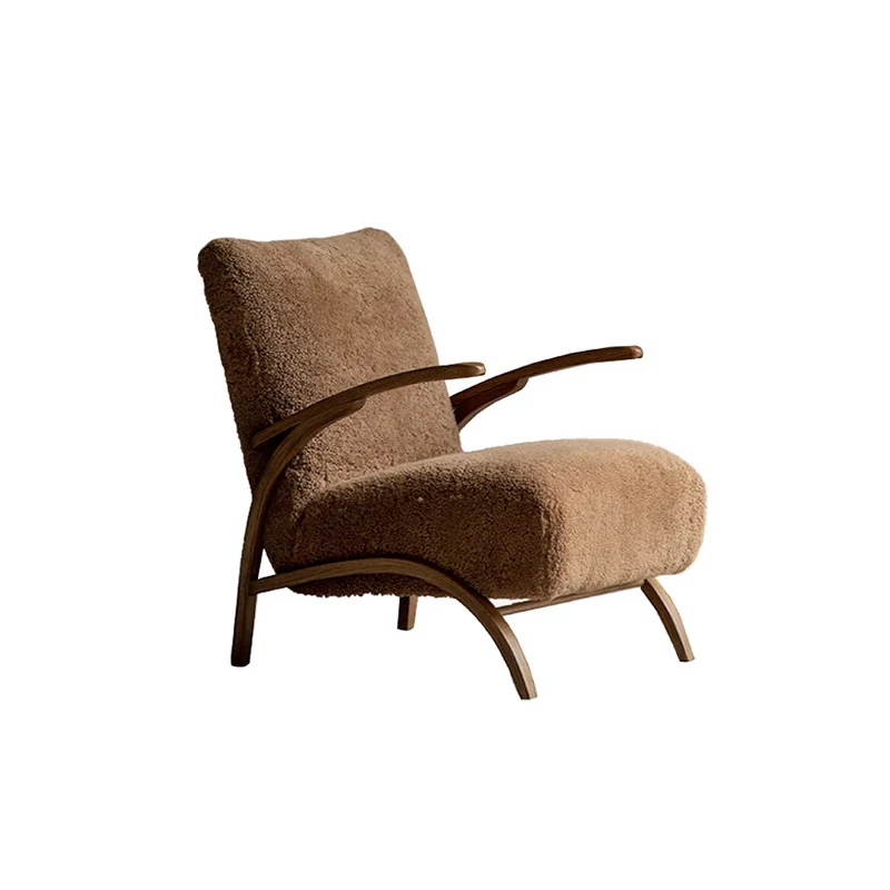 Traditional French Chenille Sherpa Fabric Solid Wood Curved Square Accent Chair With Backrest Armrests For Living Room