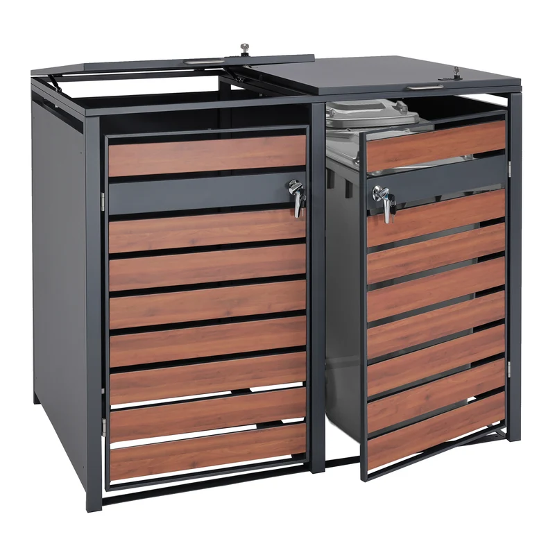 Cache poubelles double extensible avec fermeture à clé et code 117x142x98 cm métal anthracite aspect bois cerisier foncé 04_0007010