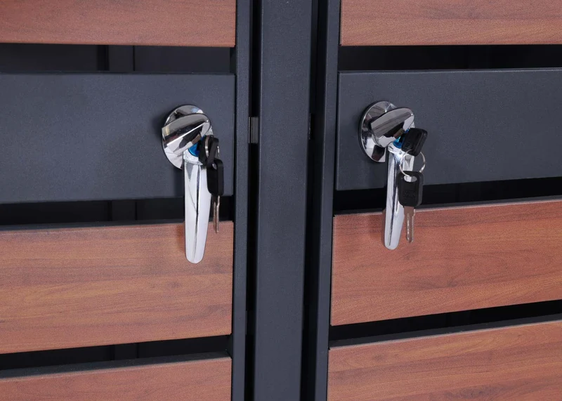 Cache poubelles double extensible avec fermeture à clé et code 117x142x98 cm métal anthracite aspect bois cerisier foncé 04_0007010