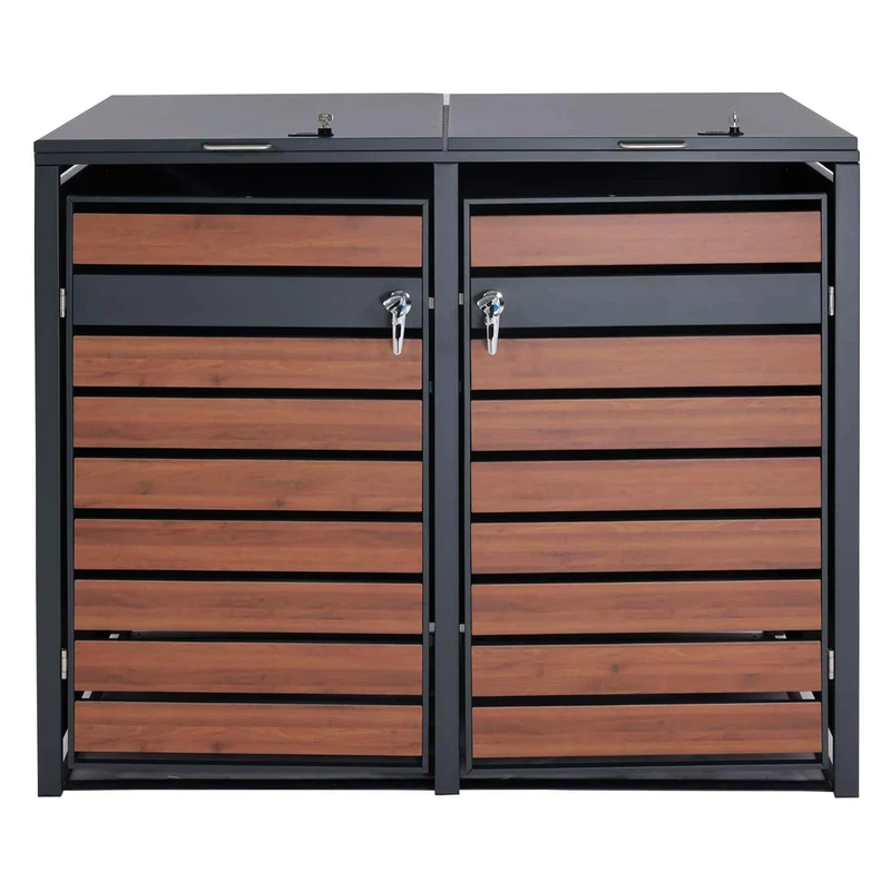 Cache poubelles double extensible avec fermeture à clé et code 117x142x98 cm métal anthracite aspect bois cerisier foncé 04_0007010