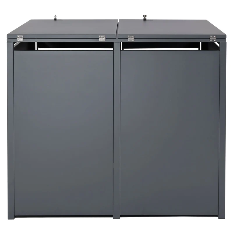 Cache poubelles double extensible avec fermeture à clé et code 117x142x98 cm métal anthracite aspect bois cerisier foncé 04_0007010
