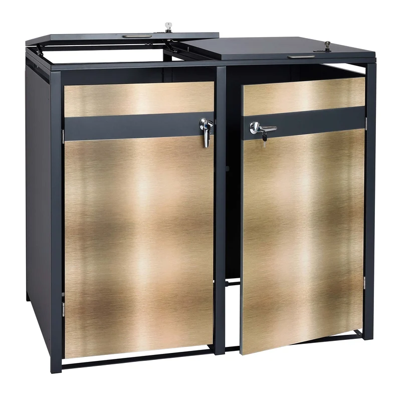 Cache poubelles 2 bacs extensible avec fermeture à clé et code 117x132x80 cm métal anthracite et doré 04_0006996