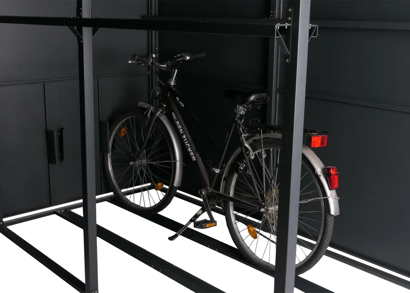 Garage à vélos 4 places verrouillable avec étagère et crochets 160x222x208 cm métal anthracite 04_0006971