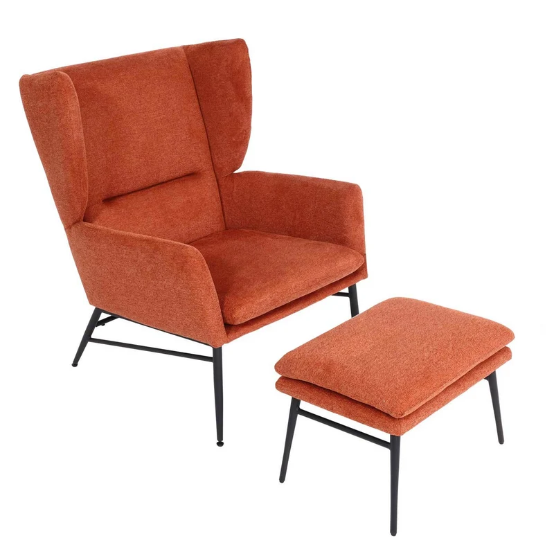 Fauteuil lounge avec repose-pieds dossier enveloppant avec appuie-tête latéraux tissu terracotta marron 96x73x82 cm 04_0006916