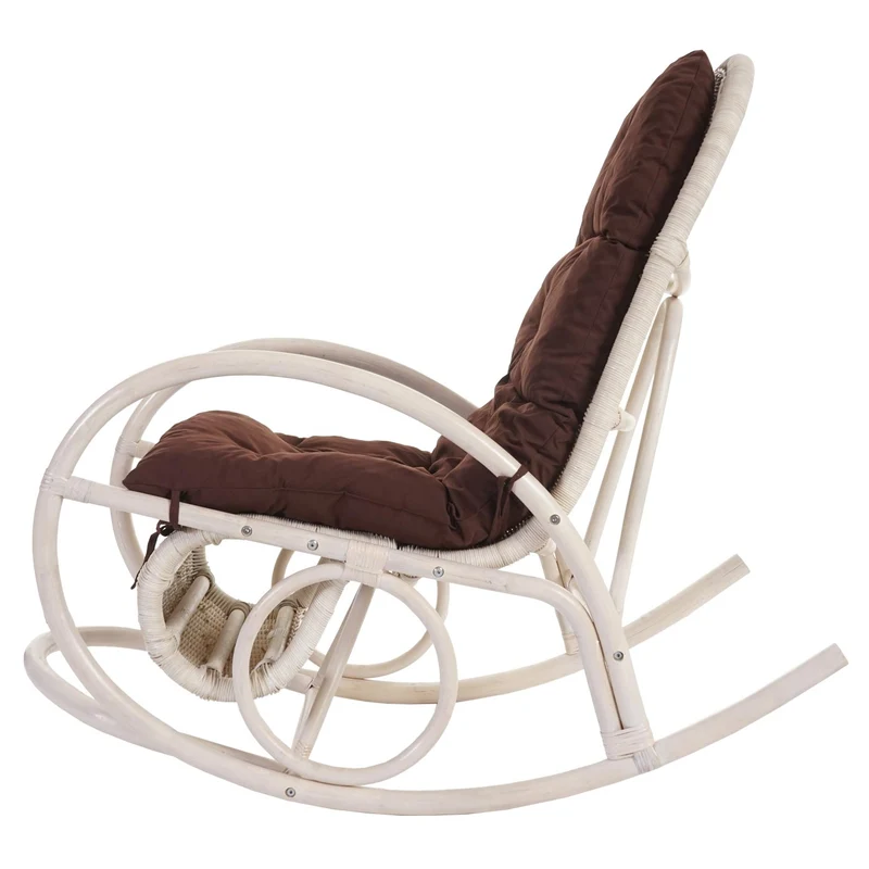 Fauteuil à bascule rétro en rotin blanc avec coussin épais rembourré marron 04_0011393