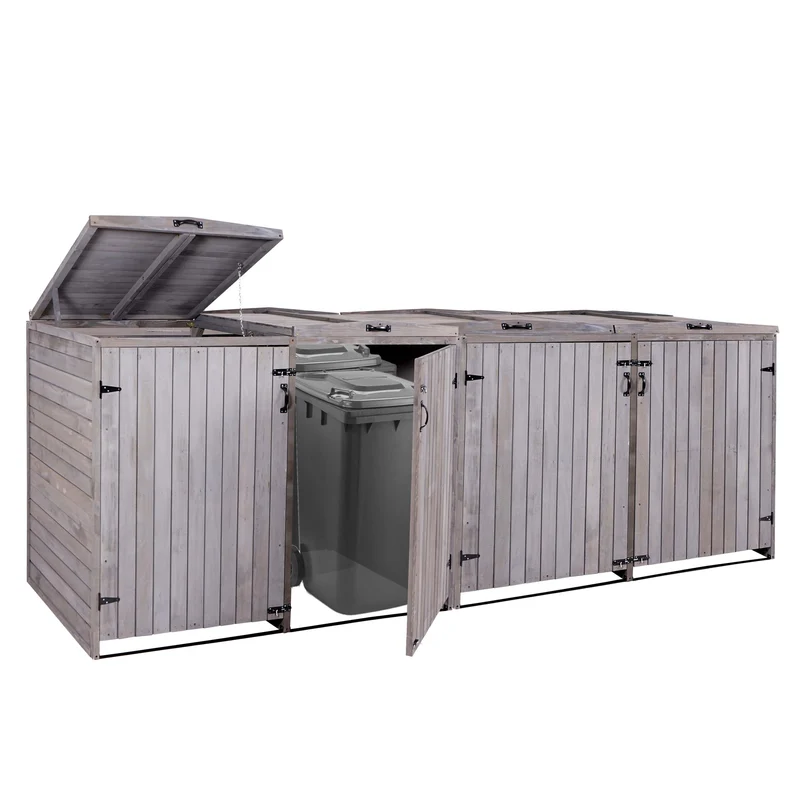Cache poubelles XL 4 bacs extensible avec couvercles et portes verrouillables 126x316x98 cm bois de sapin anthracite gris 04_0010880