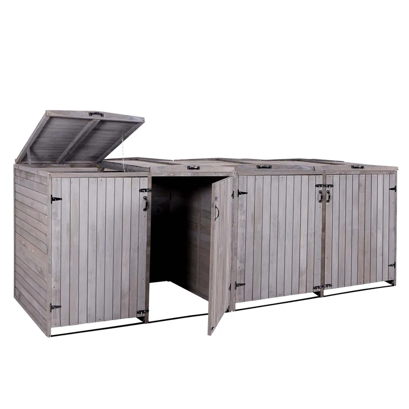 Cache poubelles XL 4 bacs extensible avec couvercles et portes verrouillables 126x316x98 cm bois de sapin anthracite gris 04_0010880