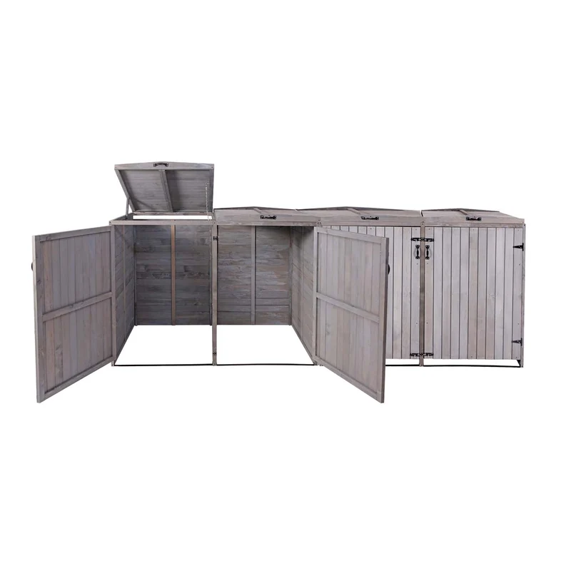 Cache poubelles XL 4 bacs extensible avec couvercles et portes verrouillables 126x316x98 cm bois de sapin anthracite gris 04_0010880
