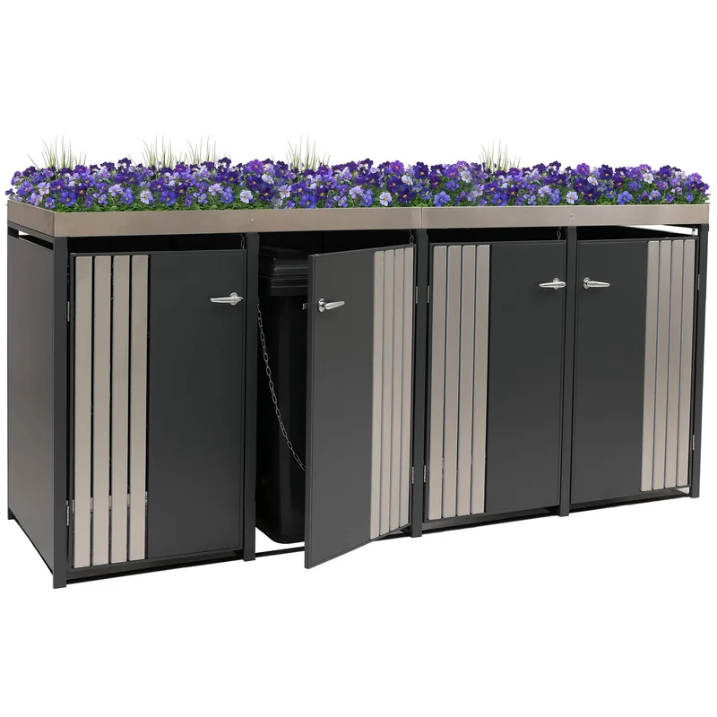 Cache poubelles quadruple avec jardinière intégrée 125x260x84 cm acier galvanisé inox anthracite 04_0009312