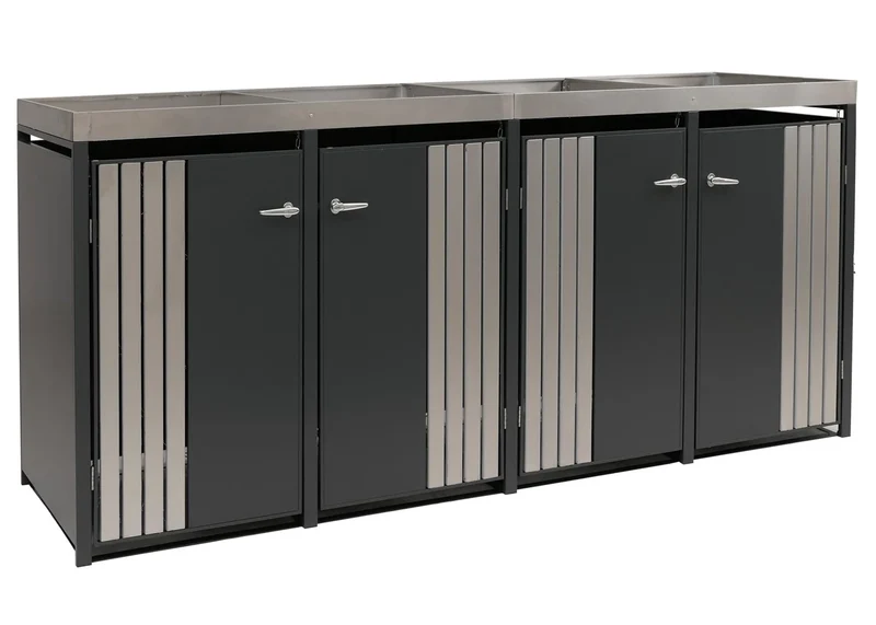 Cache poubelles quadruple avec jardinière intégrée 125x260x84 cm acier galvanisé inox anthracite 04_0009312