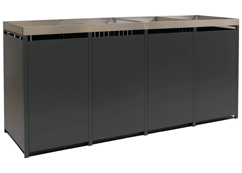 Cache poubelles quadruple avec jardinière intégrée 125x260x84 cm acier galvanisé inox anthracite 04_0009312