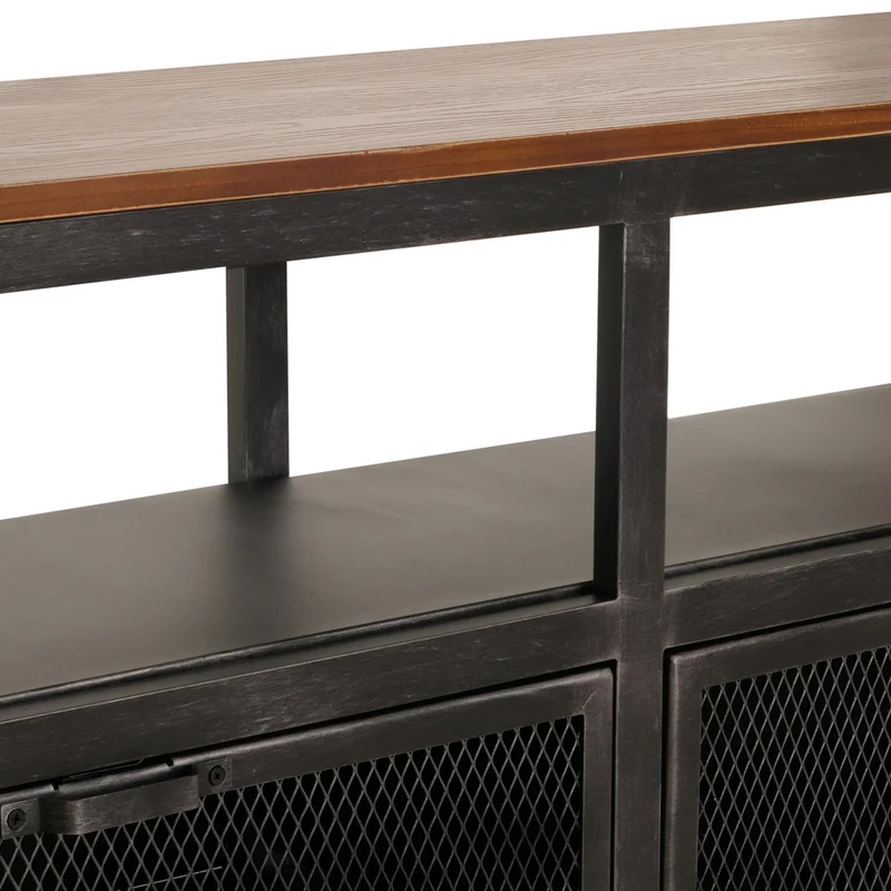 Meuble TV industriel sur roulettes avec rangements 55x130x36 cm métal noir bois marron 04_0010074