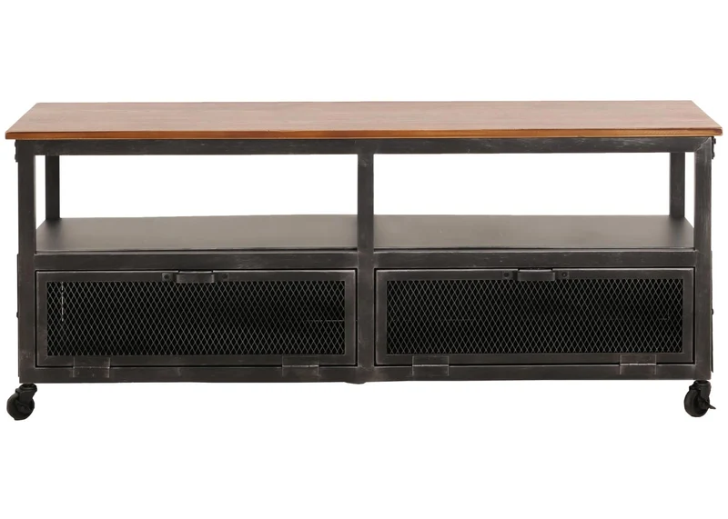 Meuble TV industriel sur roulettes avec rangements 55x130x36 cm métal noir bois marron 04_0010074