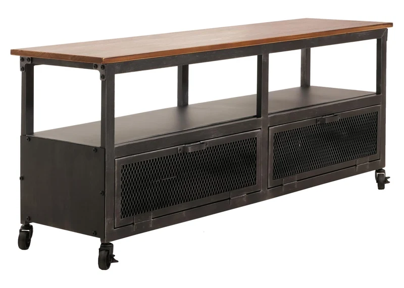 Meuble TV industriel sur roulettes avec rangements 55x130x36 cm métal noir bois marron 04_0010074