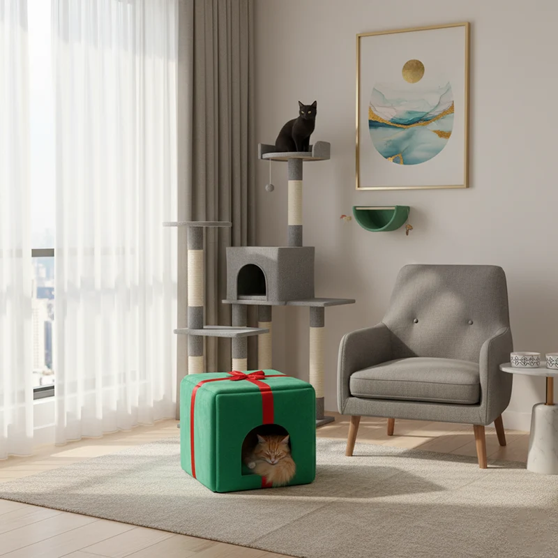 Contemporary Creative Christmas Tree Gift Box Design Crystal Velvet Pet Accent Chair Backrest Armless For Living Room