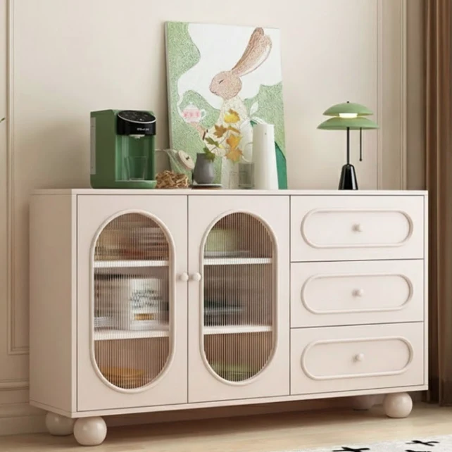 Contemporary Scandinavian Rectangular Medium-Density Fiberboard Particleboard Sintered Stone Fluted Glass Sideboard 1-Cabinet 3-Drawer For Living Room