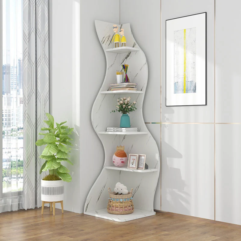 Contemporary Creative Seagrass-Shaped Particleboard Corner Shelf Unit 5-Tier For Living Room