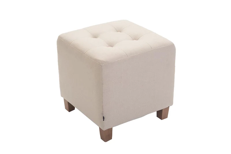 Tabouret bas repose-pieds pouf capitonné en tissu crème pieds en bois 45x46 cm 10_0000059
