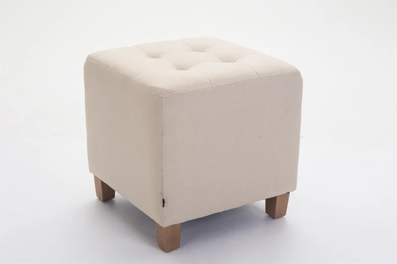Tabouret bas repose-pieds pouf capitonné en tissu crème pieds en bois 45x46 cm 10_0000059