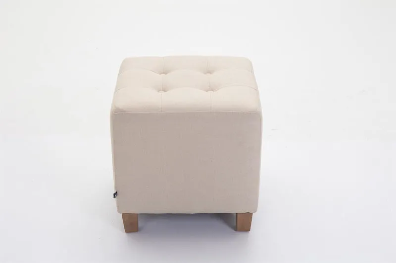 Tabouret bas repose-pieds pouf capitonné en tissu crème pieds en bois 45x46 cm 10_0000059