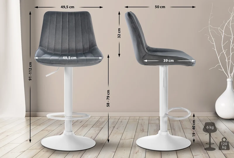 Tabouret de bar x1 réglable en hauteur pivotant à 360° assise en velours gris foncé couture verticale pied métal blanc 10_0006466
