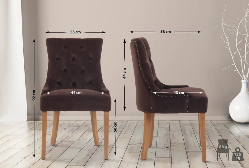 Chaise de salle à manger x1 design antique capitonné en velours marron avec 4 pieds en bois clair 10_0001944
