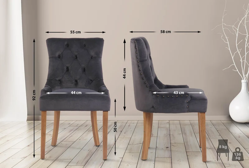 Chaise de salle à manger x1 design antique capitonné en velours gris foncé avec 4 pieds en bois clair 10_0001942