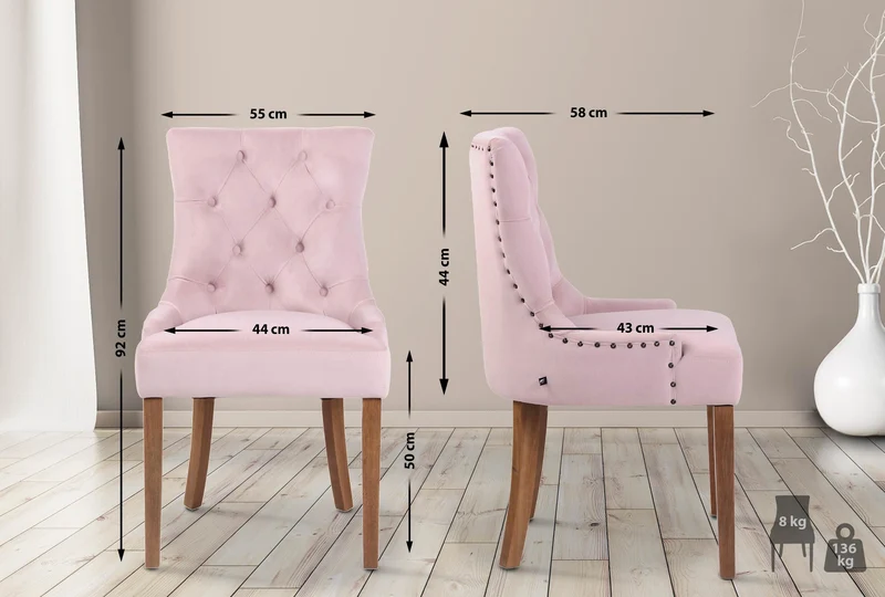 Chaise de salle à manger x1 design antique capitonné en velours rose avec 4 pieds en bois clair 10_0001940