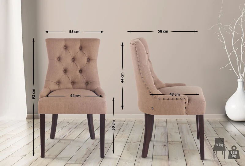 Chaise de salle à manger x1 design antique capitonné en tissu taupe avec 4 pieds en bois marron 10_0001951