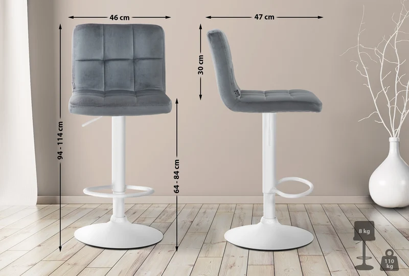 Tabouret de bar chaise haute x 1 avec coutures décoratives carrées assise en velours gris foncé pieds en métal blanc 10_0005337