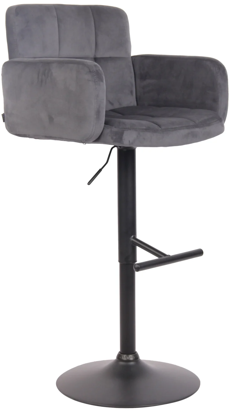Tabouret de bar pivotant en velours gris foncé et métal noir avec accoudoirs repose-pieds et dossier TDB10656