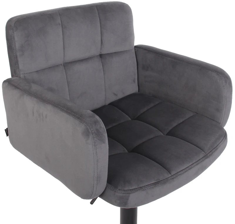 Tabouret de bar pivotant en velours gris foncé et métal noir avec accoudoirs repose-pieds et dossier TDB10656