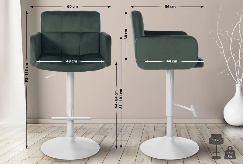 Tabouret de bar x1 avec accoudoirs et repose-pieds en velours couleur vert cadre en métal blanc 10_0006523