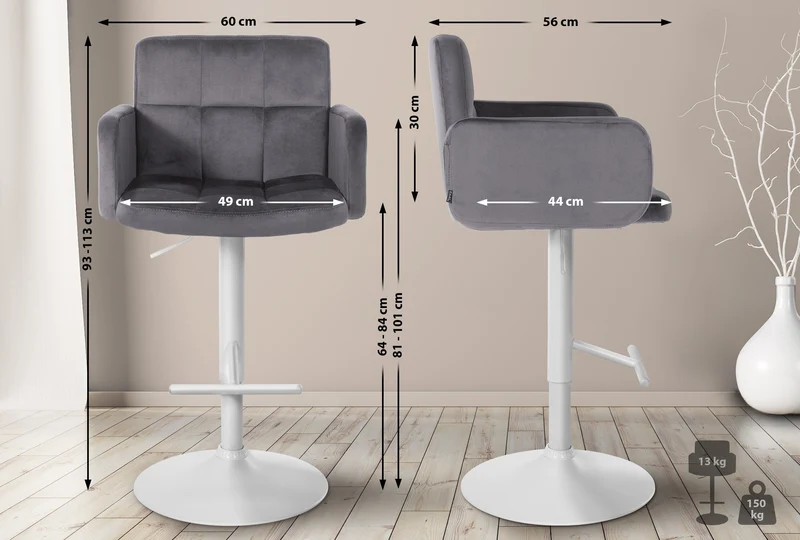 Tabouret de bar x1 avec accoudoirs et repose-pieds en velours couleur gris foncé cadre en métal blanc 10_0006529