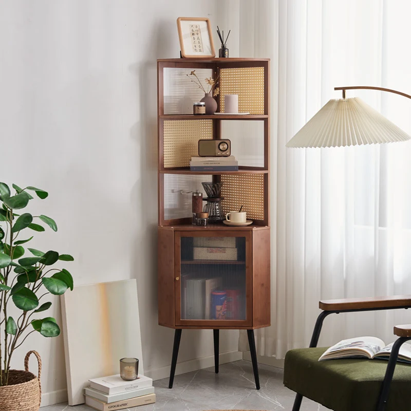 Traditional Vintage Nan Bamboo Medium Density Fiberboard PE Rattan Acrylic Hardware Bookshelf 1-Cabinet & 3-Tier For Living Room