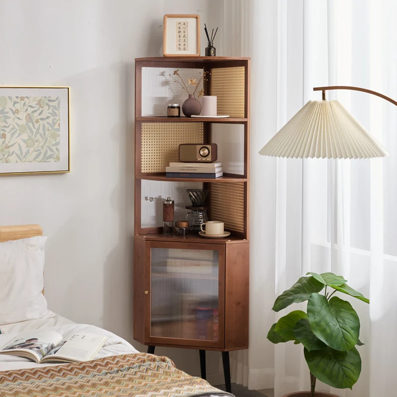 Traditional Vintage Nan Bamboo Medium Density Fiberboard PE Rattan Acrylic Hardware Bookshelf 1-Cabinet & 3-Tier For Living Room