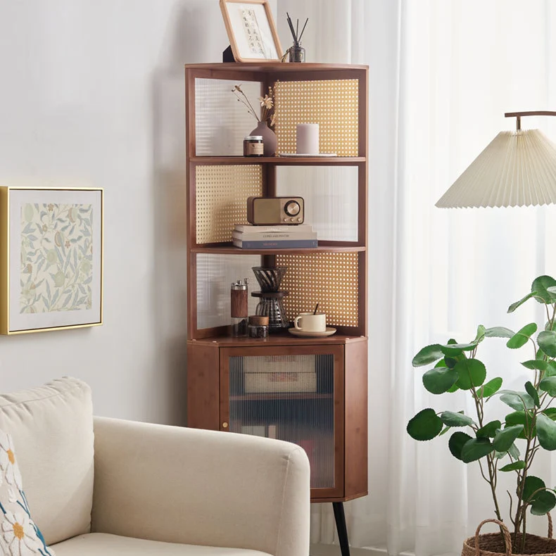 Traditional Vintage Nan Bamboo Medium Density Fiberboard PE Rattan Acrylic Hardware Bookshelf 1-Cabinet & 3-Tier For Living Room