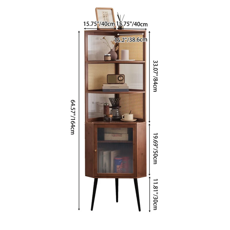 Traditional Vintage Nan Bamboo Medium Density Fiberboard PE Rattan Acrylic Hardware Bookshelf 1-Cabinet & 3-Tier For Living Room