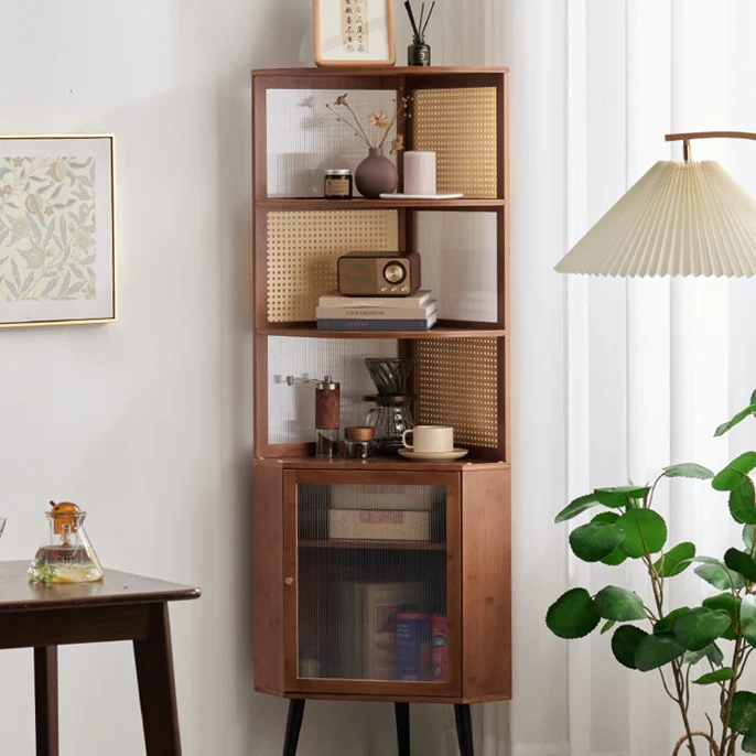 Traditional Vintage Nan Bamboo Medium Density Fiberboard PE Rattan Acrylic Hardware Bookshelf 1-Cabinet & 3-Tier For Living Room