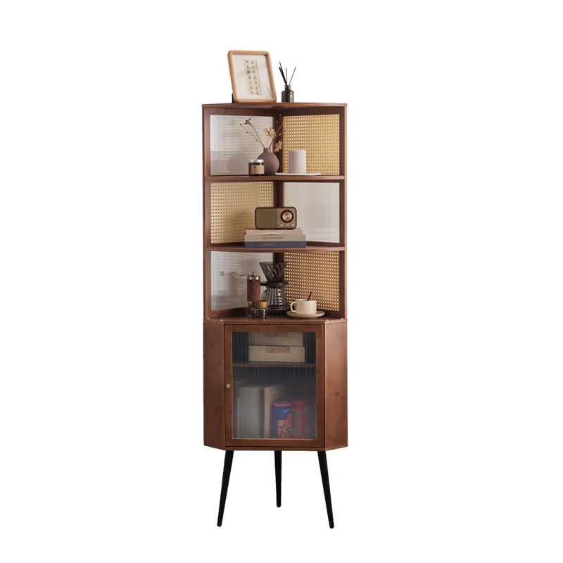 Traditional Vintage Nan Bamboo Medium Density Fiberboard PE Rattan Acrylic Hardware Bookshelf 1-Cabinet & 3-Tier For Living Room