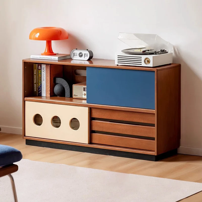 Traditional Vintage Rectangular Rubberwood Boxwood Plywood Floor-Standing Storage Cabinet 3-Tier For Living Room